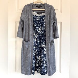 Three Pink Hearts Girls Navy Floral Dress with Heather Gray Cardigan